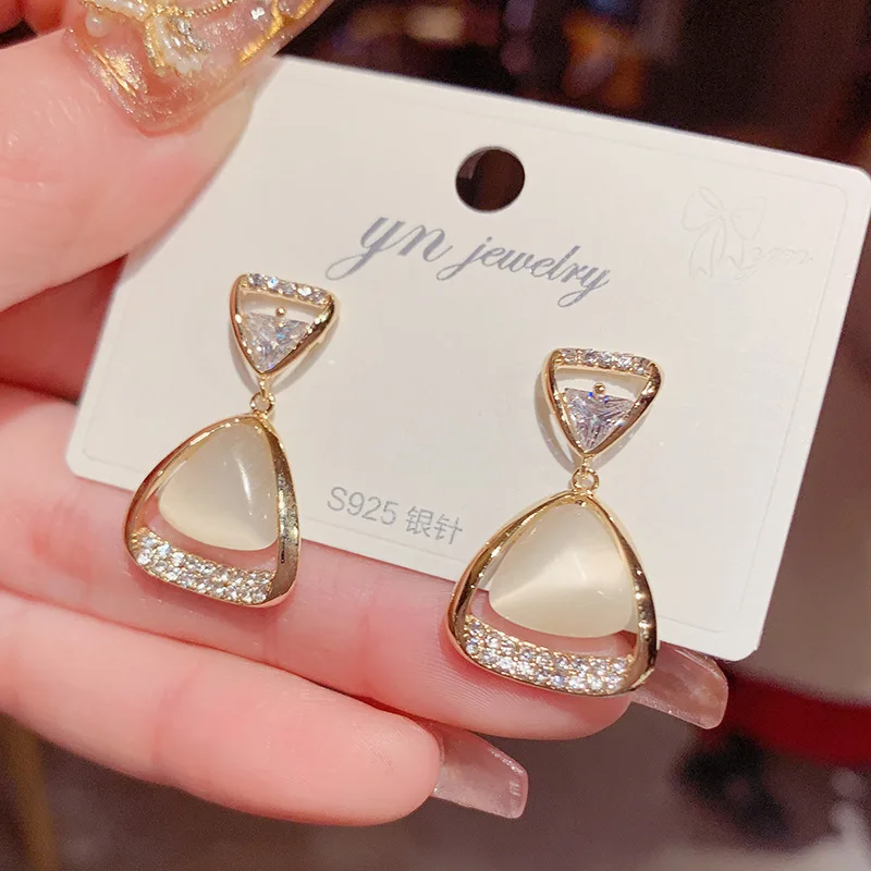 

New Style 14K Real Gold Micro Inlaid Triangle Opal Rhombus S Needle Stud Earrings for Women Cubic Zircon Earrings