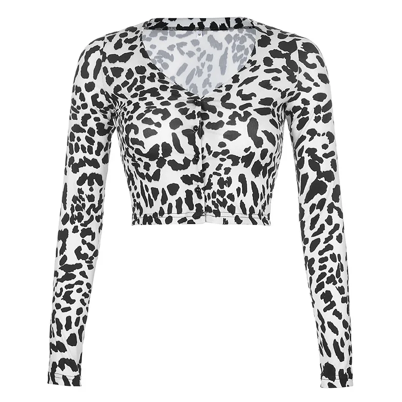 

cow printed v neck long sleeved cardigan slim crop top women clothing