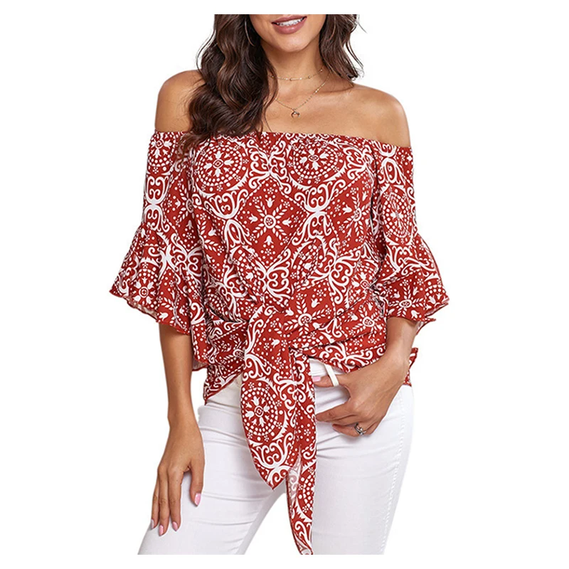 

Casual Sexy Off Off Shoulder Tie Knot Front Top Women Shirts Floral Printing Shirt For Women's Chemisier Femme Ladies Clothes