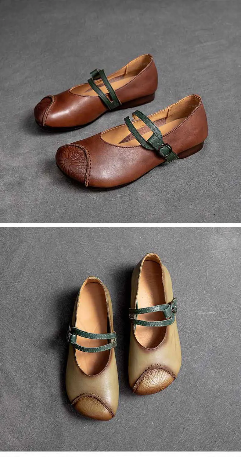 

2021 genuine leather flat heel low-cut color matching round toe retro polished color ladies high-quality casual peas shoes