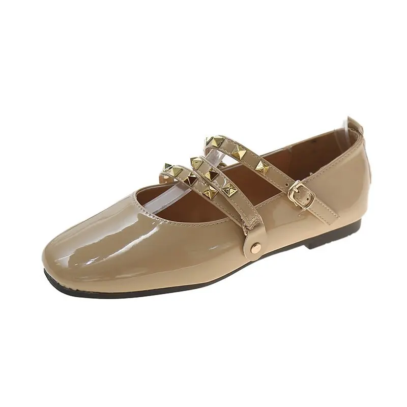 

Spring Autumn Rivets Band Ballet Flats Women Patent Leather Casual Shoes Square Toe Shallow Flats Black Mary Janes Shoes 9020C