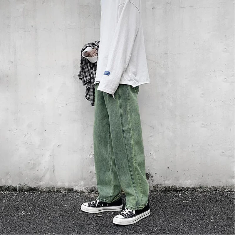 

2021 Spring Fashion Straight Jeans Men's Korean Fashion Students' Versatile Wide Leg Casual Pants Green Purple Pants