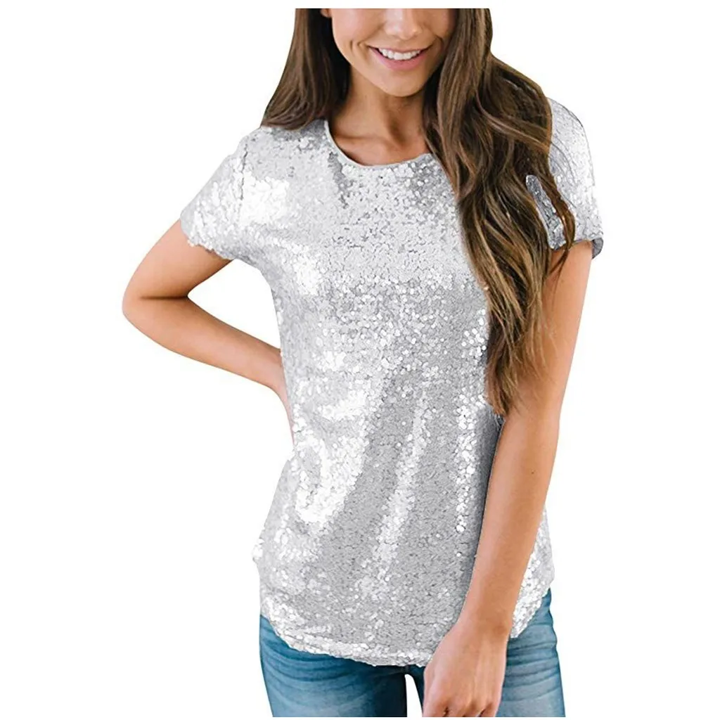 KANCOOLD 2020 New Women T Shirts Solid Round Neck Sequins Casual Comfortable T-shirts Elegant Lady Tees Short Sleeve Tops | Женская