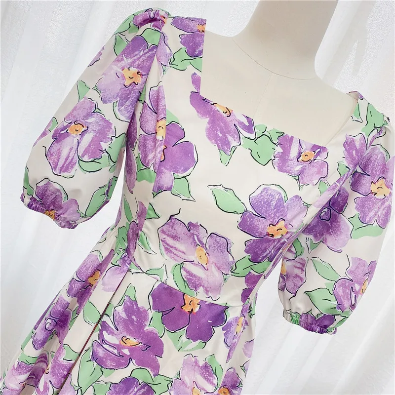 

2021 New Summer Fashion Women Floral Print Clothes Hubble-bubble Sleeve Sqaure Collar Lantern Sleeves Dress