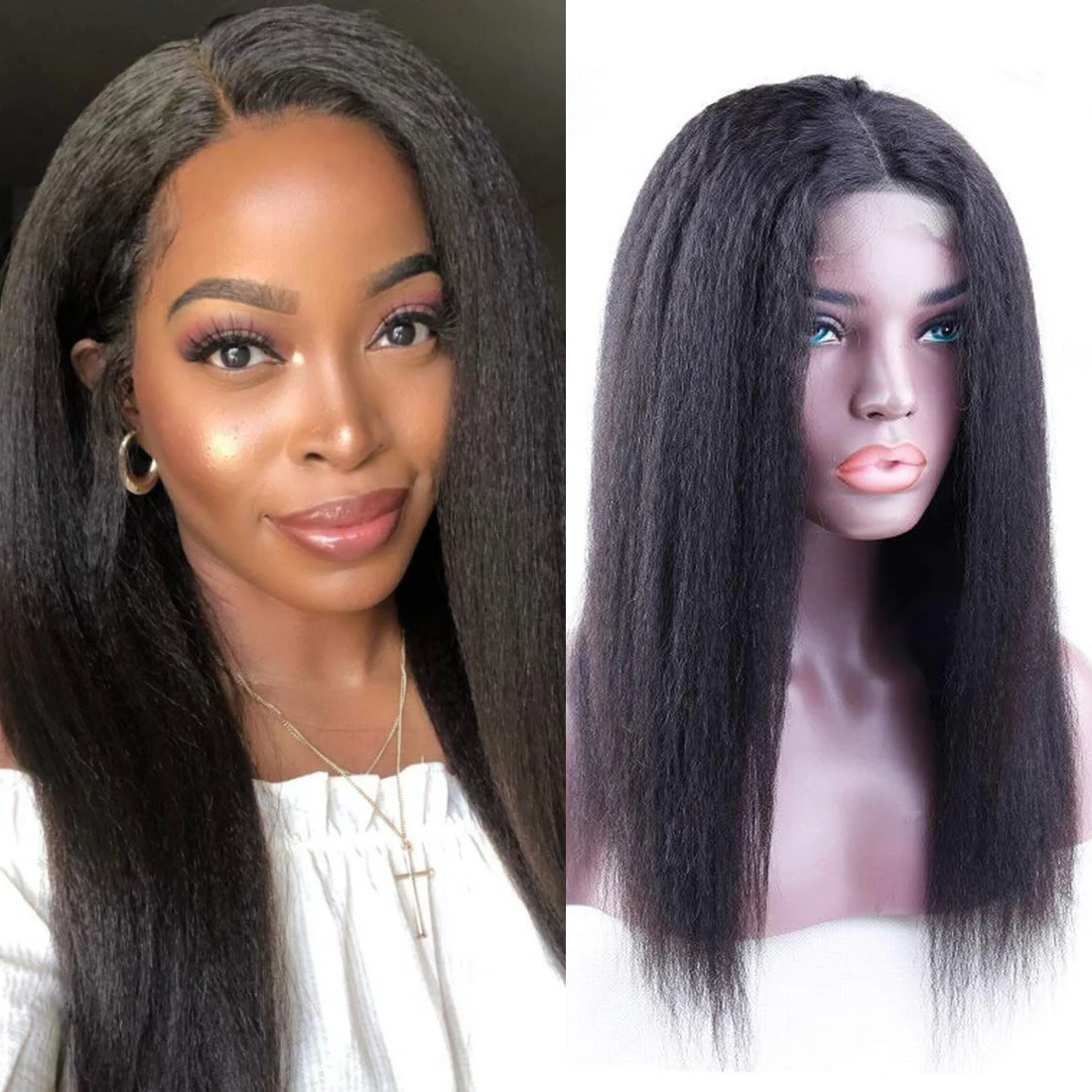 

4x4 Lace Front Human Hair Wigs Pre Plucked Hairline Peruvian Kinky Straight Wig Glueless Remy Hair Yaki Lace Closure Wig