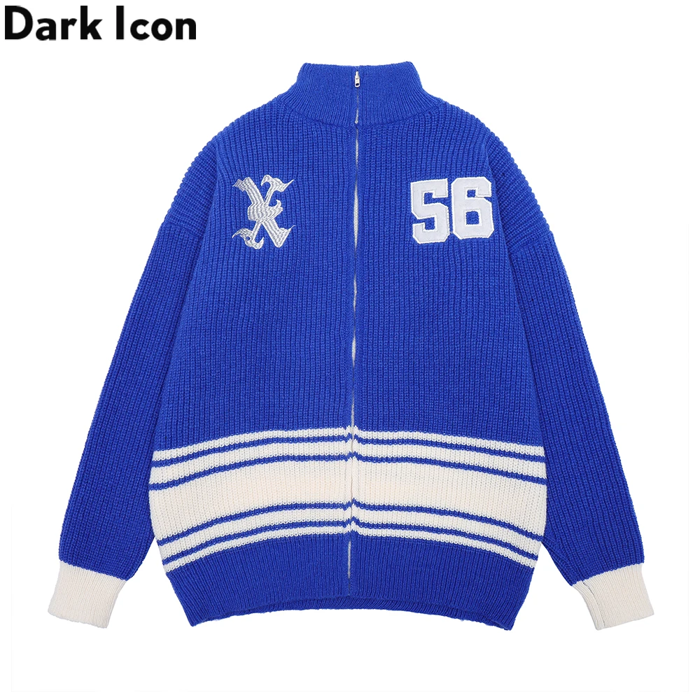 

Dark Icon Letters Embroidery Turtle Neck Cardigan Sweater Men Autumn Color Block Knitwear Men Women Sweaters Blue Khaki