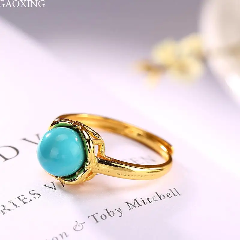 

Real 925 Sterling Silver Nature Turquoise Ball Opening Finger Rings for Women Vintage Bohemian Ring Ethnic Fine Jewelry