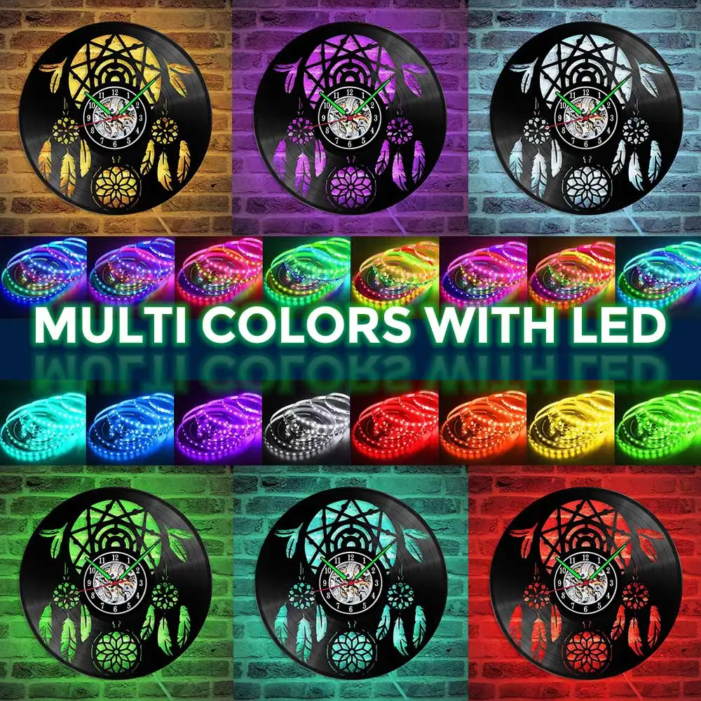 

MCDFL Dreamcatcher Wall Hanging Vinyl Record Wall Clock Silent Movement Dream Catcher Decor With Flowers Luminous Clock 12 Inch