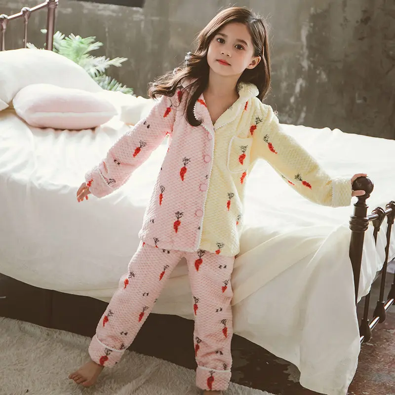 Детский Теплый фланелевый пижамный комплект для девочек зимняя детская одежда