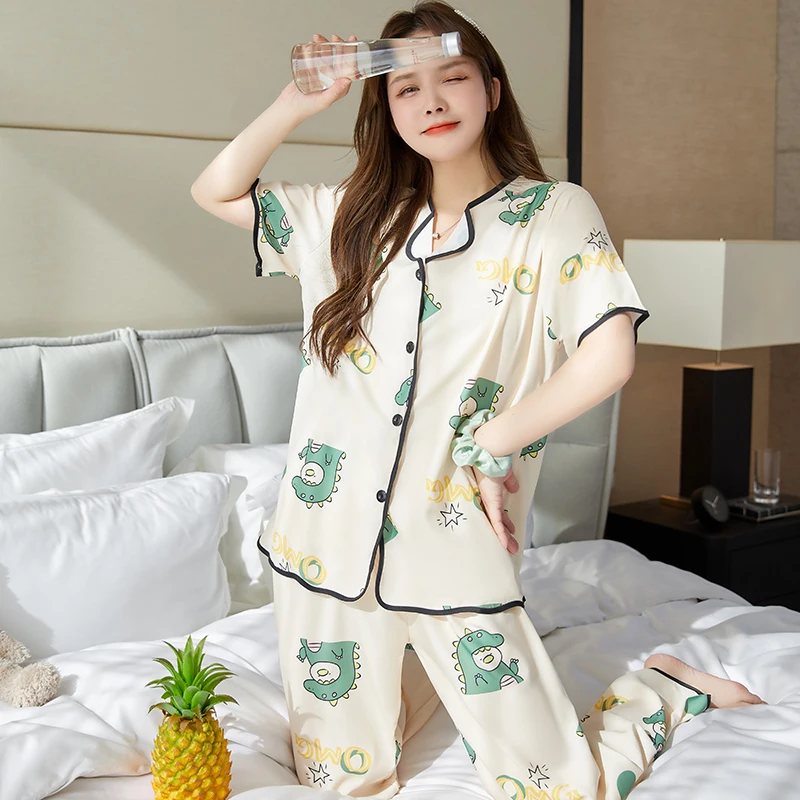 CAIYIER New Spring Summer Women Silk Pajamas Set V-Neck Short Sleeve Trousers Sleepwear Sexy Nightwear Soft Ladies Pyjamas M-2XL