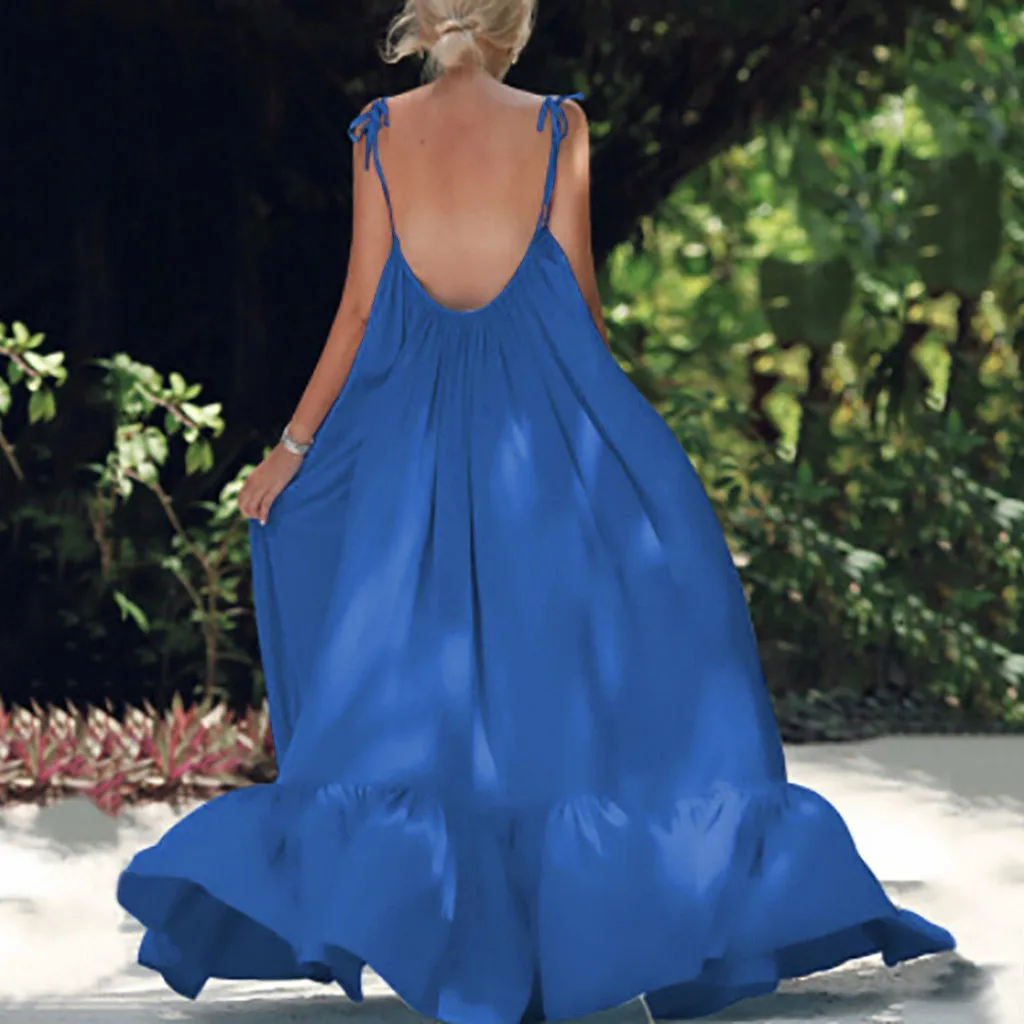 

Women Boho Maxi Solid Sleeveless Long Backless Dress Evening Party Beach Dress vestido de mujer summer dress
