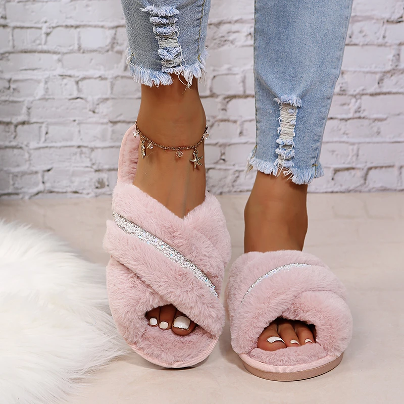 

Autumn Warm Fuzzy Slippers Home Cotton Shoes Women Winter Loafers Sweet Indoor Crystal Footwear Korean Style Plush Flip Flops