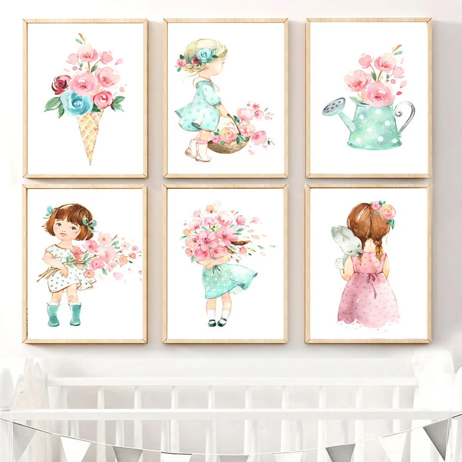 

Little Girl Canvas Picture Child Room Decor Poster Pink Princess Wall Art Prints Nursery Decor Paintings for Bedroom Frameless