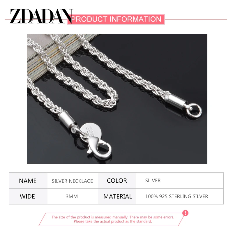 

ZDADAN 925 Sterling Silver 3MM Twist Necklace 16"18"20"22"24" For Men Women Fashion Jewelry Gifts Wholesale