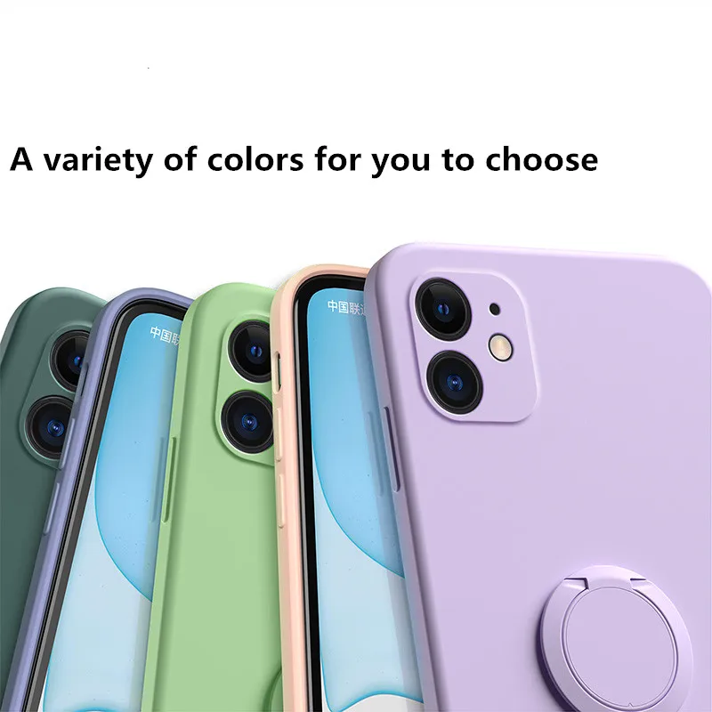

Square Liquid Silicone Case For iPhone 12 11 Pro Max Mini XS X XR 7 8 Plus SE2 2020 Stand Ring Holder Covers iPhone11 iPhone12
