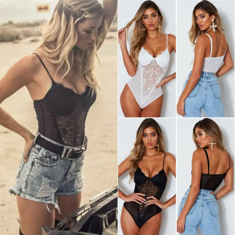 

Womens Sexy Lace Bodysuit Sleeveless Floral Lingerie V Neck Stretchy Backless Jumpsuit Romper