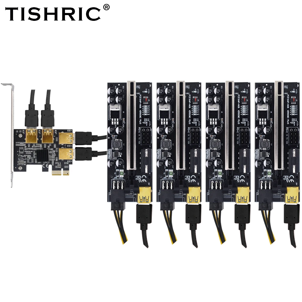 Переходная карта PCI-E TISHRIC PCI Express Райзер с 1 на 4 слота USB порт 1x 16x адаптер для