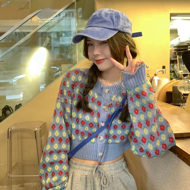 

Женский трикотажный кардиган с цветочным принтом, короткая кофта с длинным рукавом в Корейском стиле, весна-осень 2021