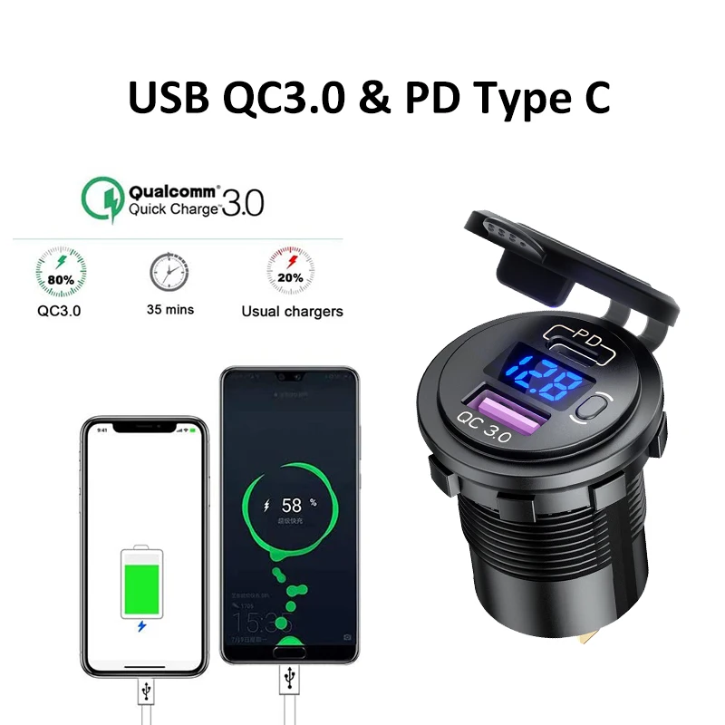 Car USB Charger QC3.0 PD Type C with Switch Socket for 12V/24V Vehicles Boat Motorcycle SUV Bus Truck Caravan Marine | Автомобили и