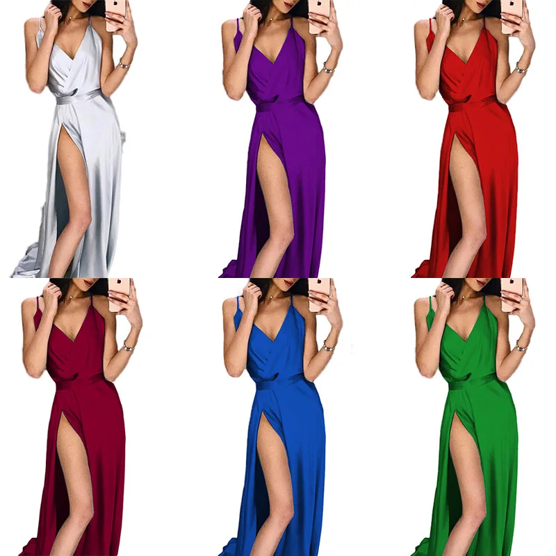 Ybay2020 Новое сексуальное платье однотонное на бретельках с разрезом женское V