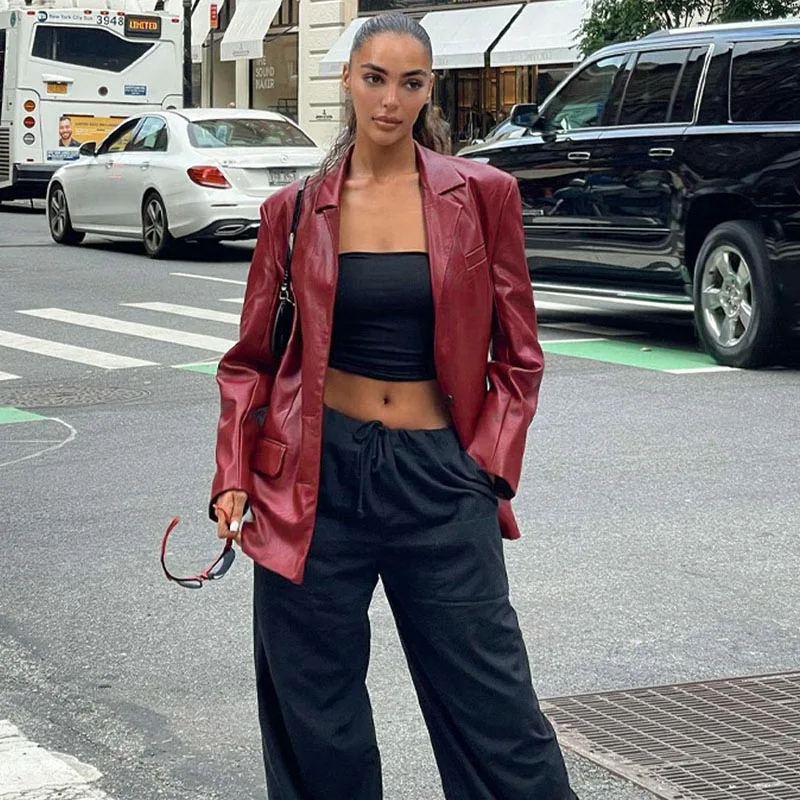 

2021 Winter Solid Leather Jackets Women Sexy Lapel Overcoat Autumn Long Sleeve Outerwear Loose Coat Casual Crop Tops For Female