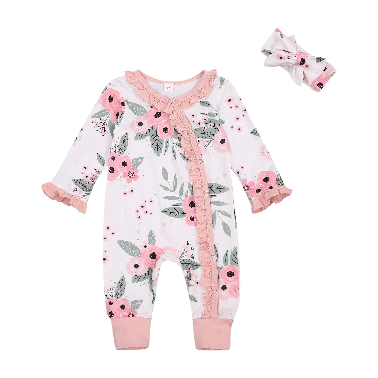 

2020 Lovely Baby\u00b4s Floral Romper Ruffle Edge Buttoned Collar Long Sleeve Long Pants Bowknot Hairband 0-18M
