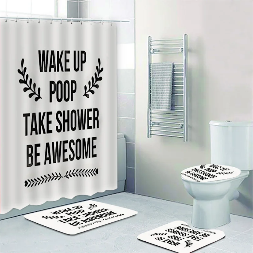 

Funny Wake Up Poop Take Shower Be Awesome Bathroom Shower Curtain Set for Bathroom Joke Bath Mats Toilet Accessories Decor Gift