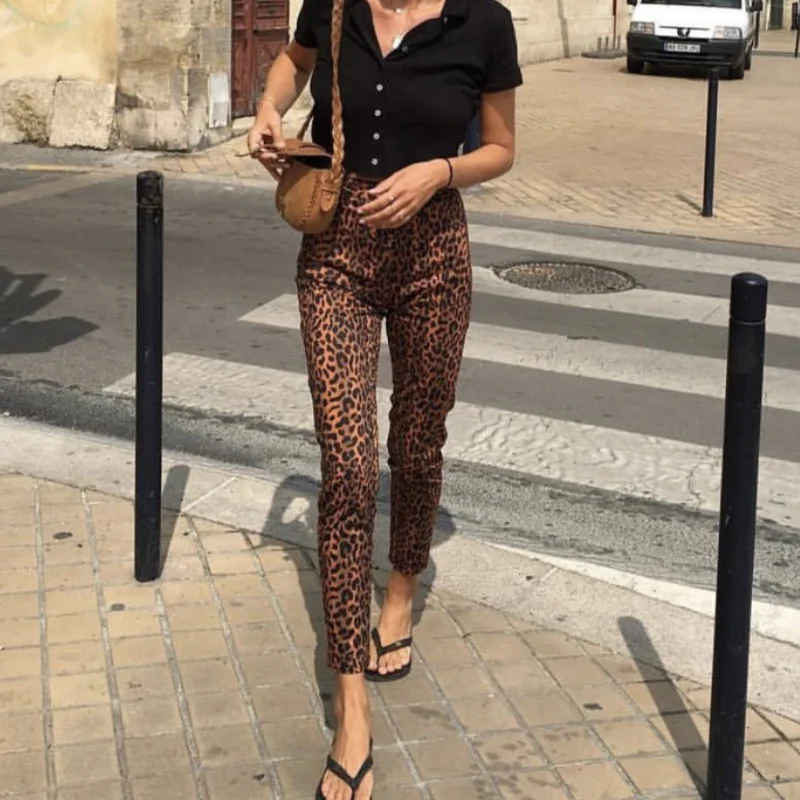 Пикантные ботильоны с леопардовым принтом С высокой талией джинсы для женщин