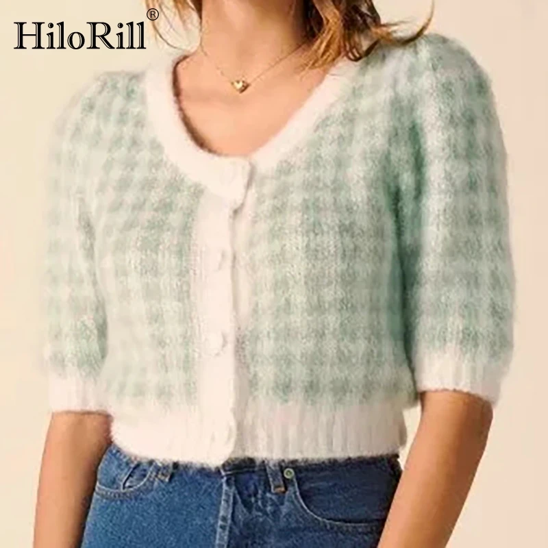 

HiloRill Women Fashion Patchwork Knitted Cropped Cardigan Elegant Half Sleeve Short Mohair Sweater Chic V Neck Ladies Tops