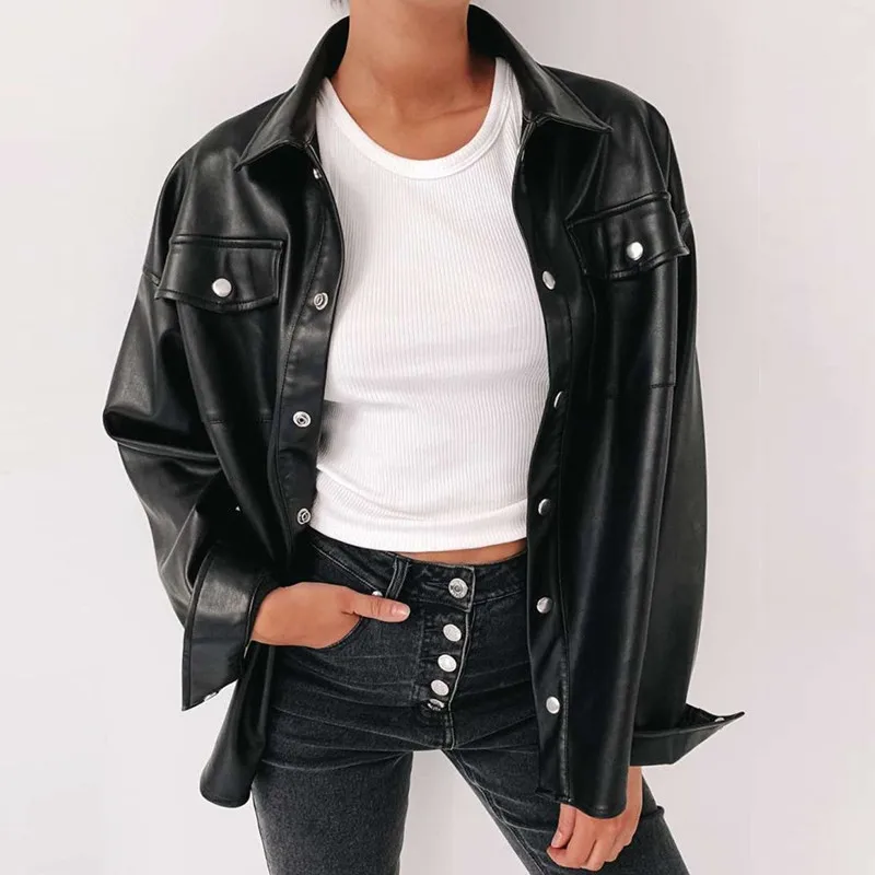 Harajuku Pu Faux Leather Coat Women Casual Fake Leather Jackets Tops Black Outwear Autumn Oversized Punk Style Streetwear