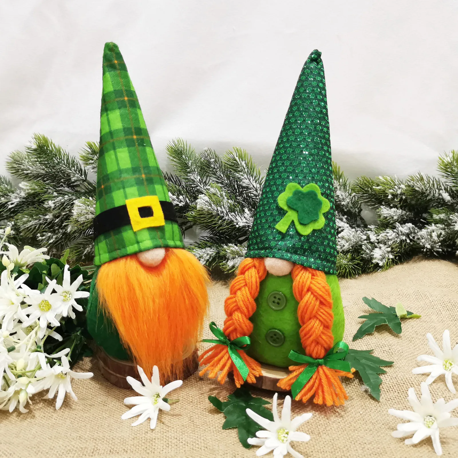

1 Pair St. Patrick's Day Shamrock Couple Gnome Elf Figurine Doll Swedish Tomte Nisse Long Hair & Mustache Faceless Cloth Doll