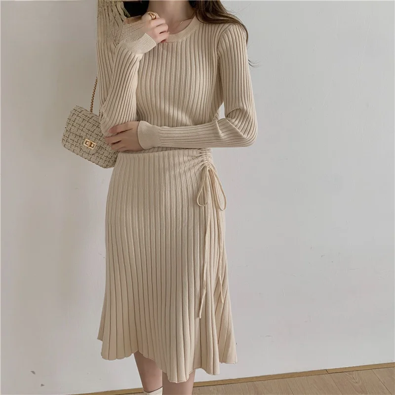 

Новое Осеннее трикотажное платье на шнуровке корейская мода зимняя трикотажная одежда повседневное женское Элегантное Длинное платье-сви...