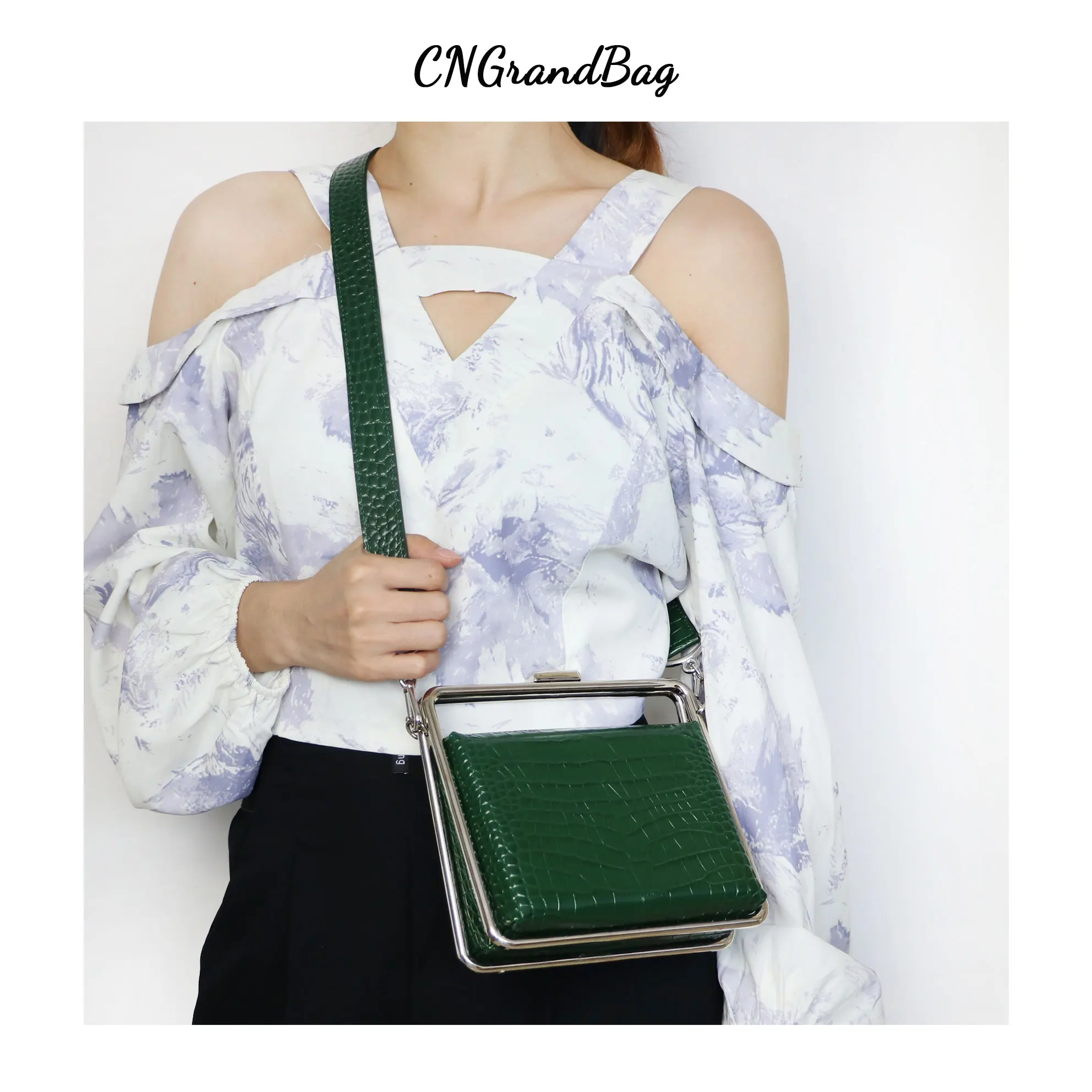 

Fashion Clip Ladies Clutch Bag Metal-Handle Bag Genuine Leather Women Mini Shoulder Bag Luxury Crocodile Pattern Cross body Bag