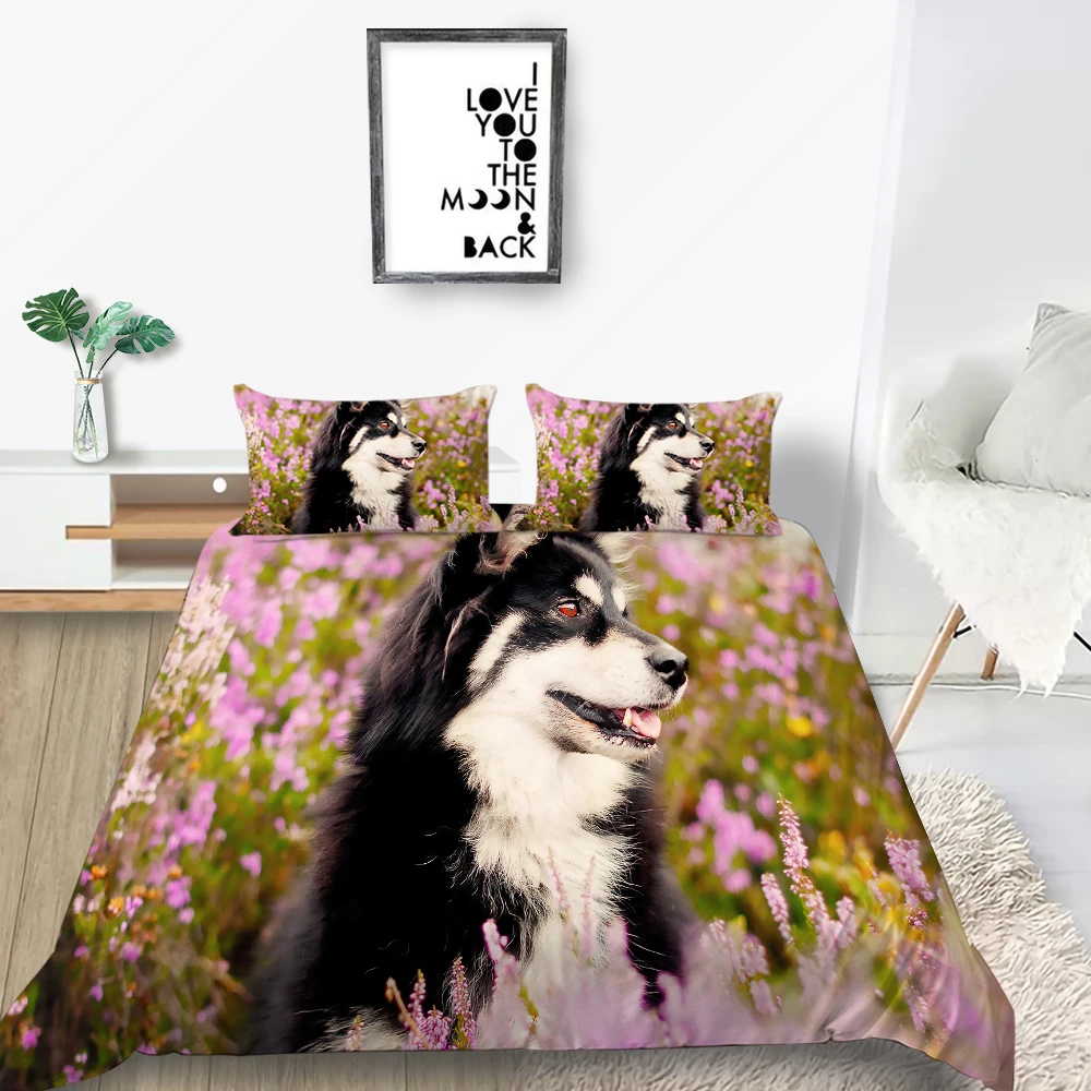 

Handsome Alaskan Bedding Set Dog And Flowers Romantic Duvet Cover King Queen Twin Full Single Double Unique Design Bed Set