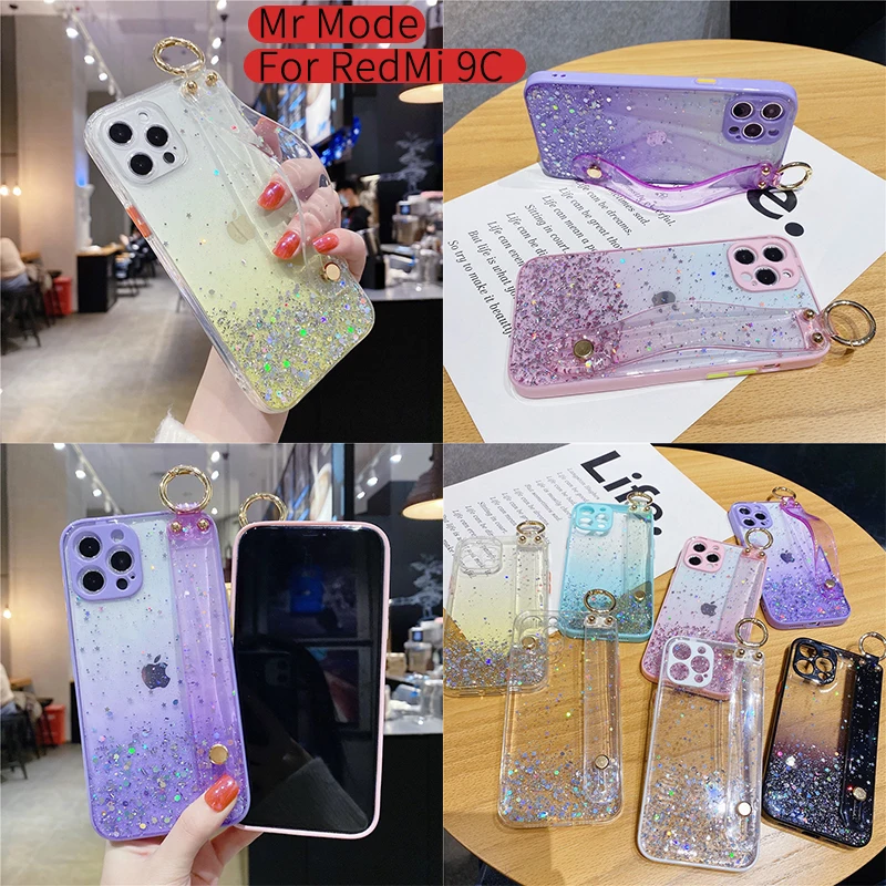 

Wristband Bracket Hard Shell Transparent Glitter Protective Cover Phone Cases For XiaoMi Note 10 Lite For RedMi Note 9 9C 8 Pro