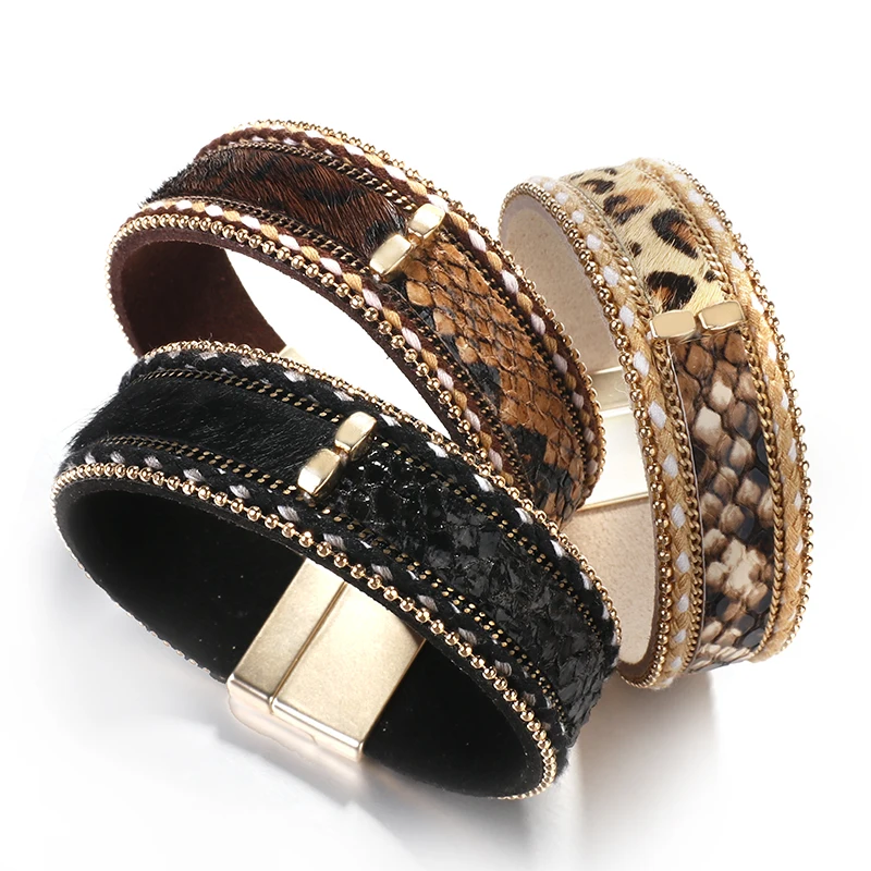 Amorcome Мода змеиной кожи кожаная с леопардовым принтом и браслет для женщин в