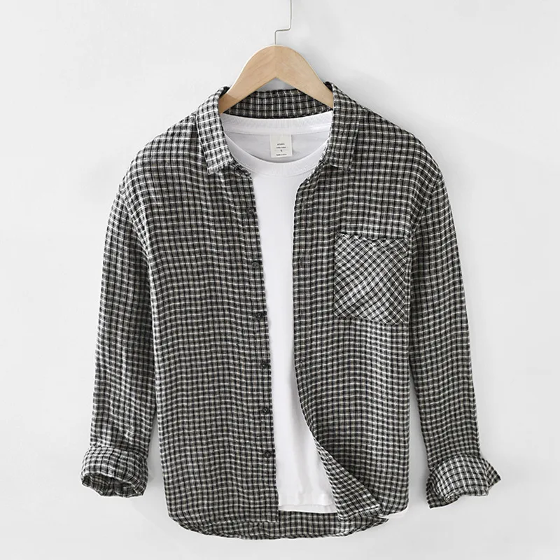 

Men Spring Autumn Fashion Plaid Classical Vintage Long Sleeve Lapel Shirt High Quality Japan Style Harajuku Linen Breathable Top