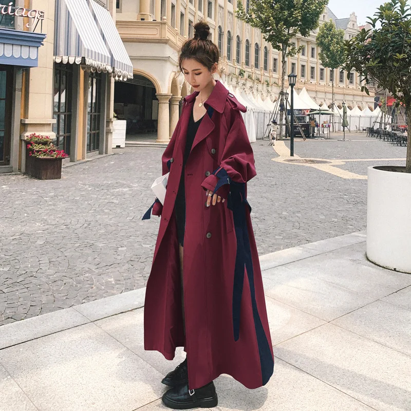 2021 Женская ветровка осень двубортное длинное поясом пальто-тренчи для женщин