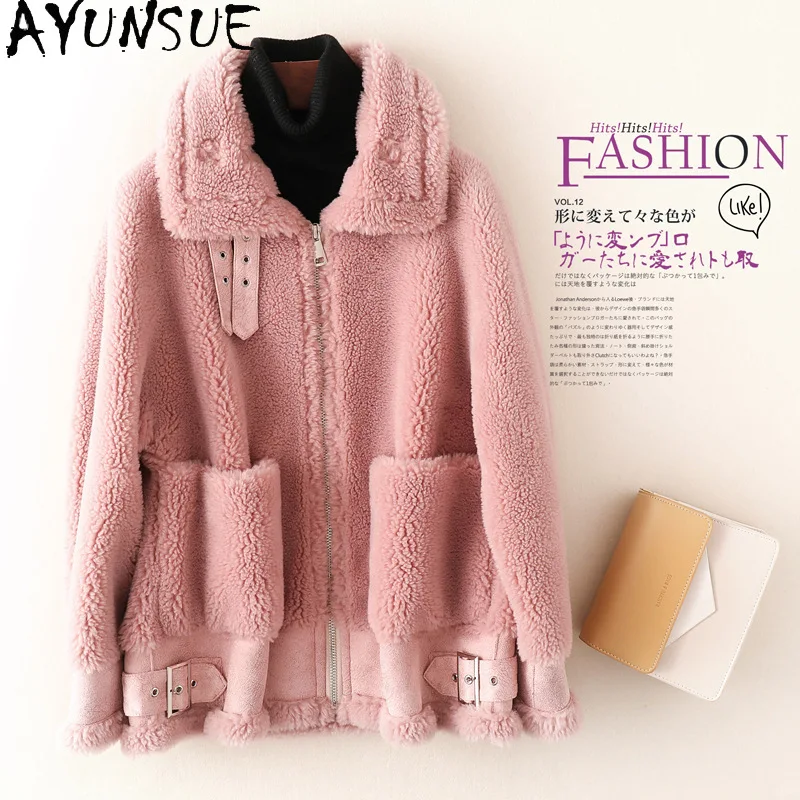 

AYUNSUE Fur Coat Female Winter 2021 Motorcycle Sheep Shearling Jacket Women Wool Coats Short Casual Jackets Manteau Femme Gxy175