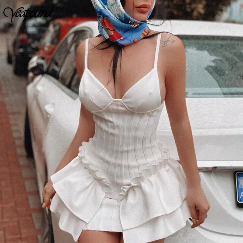 

Summer Sexy Spaghetti Strap Dress Women Sleeveless V-neck Solid Ruffle Hem Party Dresses Back Zipper Slim Waist Dress
