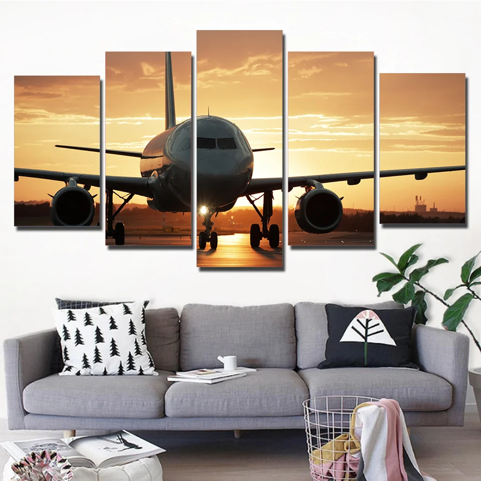 

Canvas Paintings Wall Art For Living Room 5 Pieces Airplane Pictures Modular HD Prints Golden Sunset Poster Home Decor