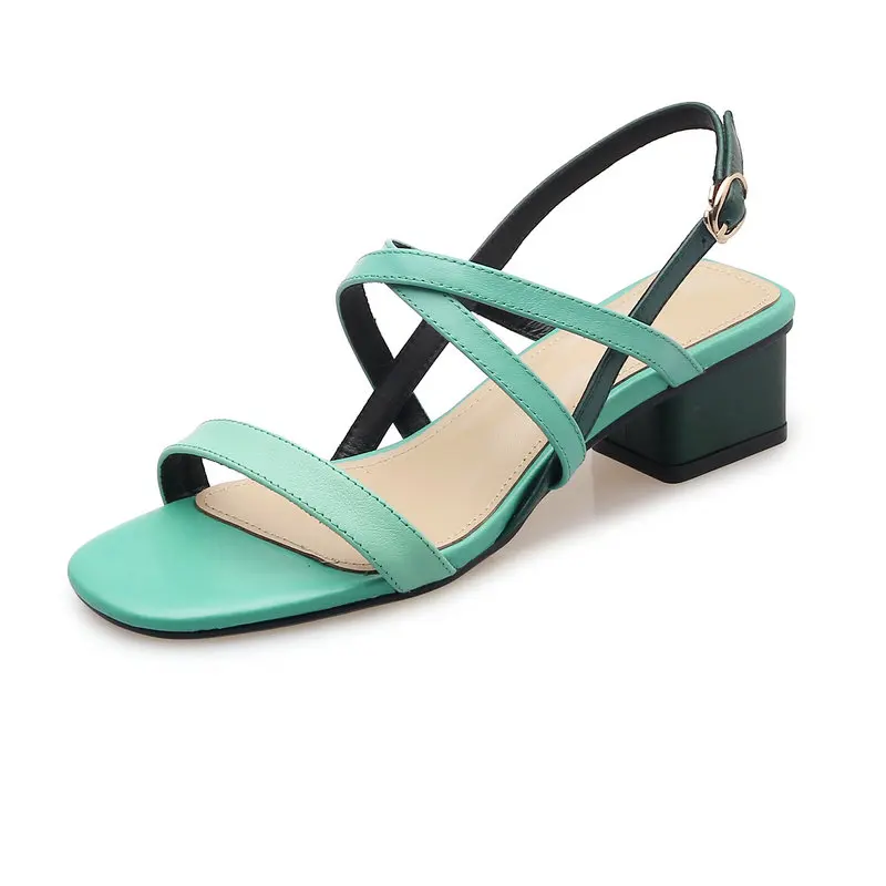 New women sandals genuine leather thick high heels sandals woman mixed colors cross buckle ladies dress party shoes - Цвет: Зеленый