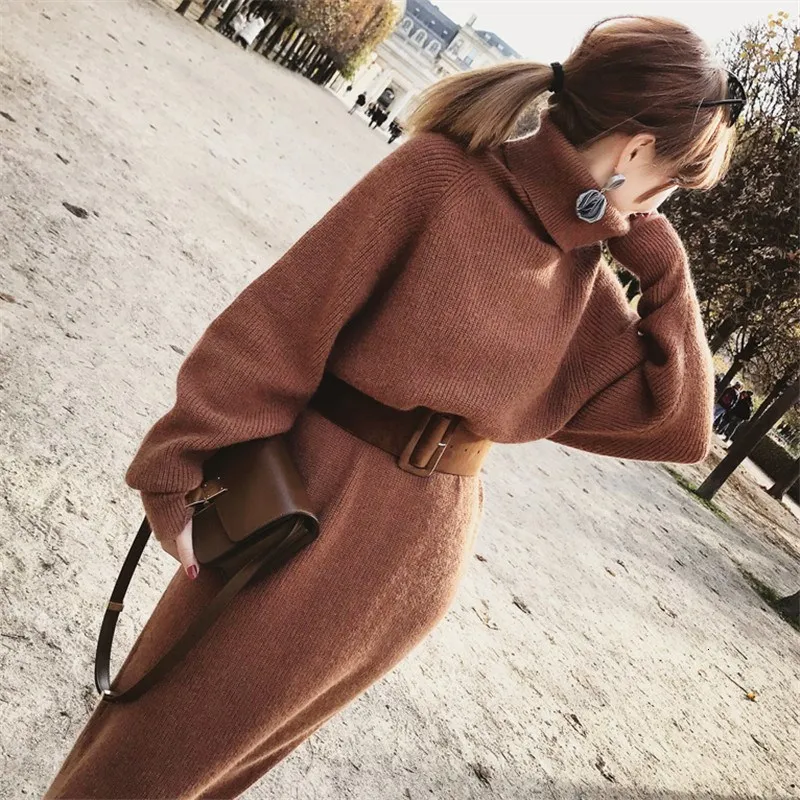 2019 Winter Women Sweater Dress Female Pullover Turtleneck Long Sleeve Warm Slim Kintted With Belt | Женская одежда