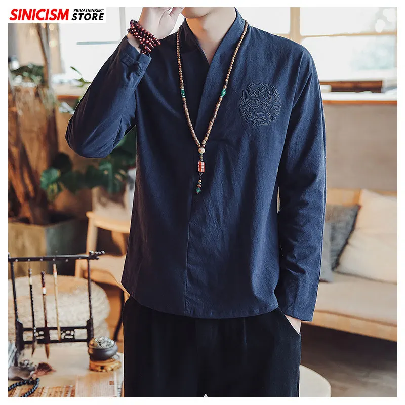 Sinicism Store мужской хлопок; Лен; с вышивкой футболки с длинными рукавами мужские оверсайз 3 цветные футболки мужские осенние повседневные футболки