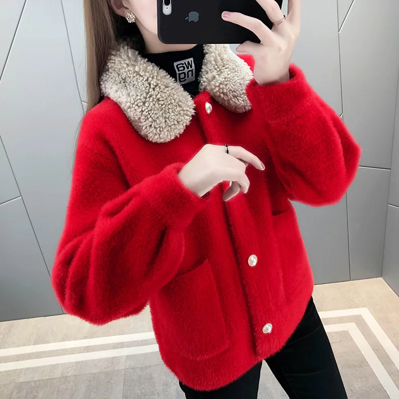 

Imitation Mink Velvet Coat Women Thick Warm Sweater Loose Short Knitted Cardigan lambswool Long Sleeve Outerwear Female