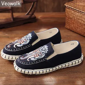 Мужские эспадрильи ручной работы Veowalk, лоферы на плоской подошве с вышивкой слона, Повседневные Удобные холщовые слипоны, обувь для вождения