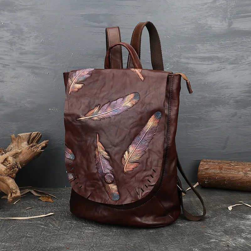 

Retro Cowhide Handbag Leather Embossed Women Shoulder Bag Large Capacity Travel Backpack Feather Printed Solid Color Ladies Bags