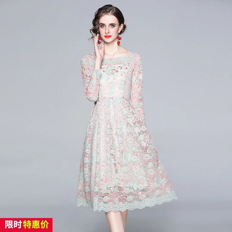 

Discount store mall counter women's dress wear in the long lace square collar temperament waist dress