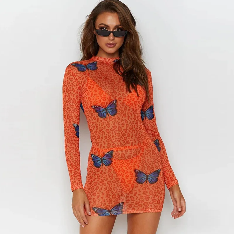 

Women Dress Net Yarn Personality Leopard Print Butterfly Print Long-sleeved Tight-fitting Hip Skirt Sexy See-through Woman Skirt
