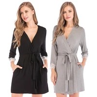 spring and autumn new womens modal lace stitching34 sleeve belt nightgown bath robe lingerie robe women clothes robe sets